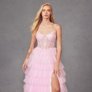 NEW LONG FORMAL SLEEVELESS BALL GOWN WITH RUFFLED SKIRT & LACE UP BACK JT2458A